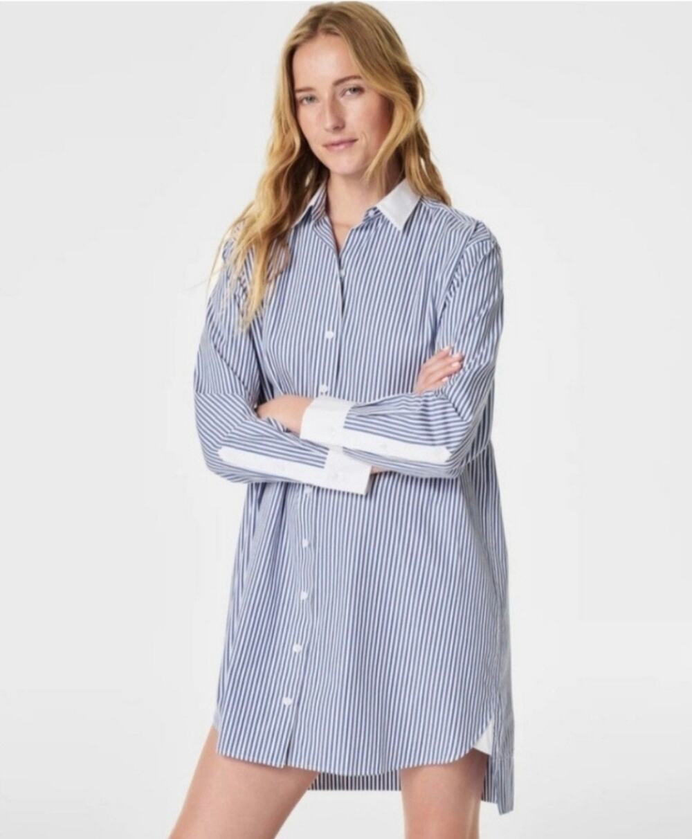 SPANX Best Poplin Striped Shirt Dress Cotton Tunic Preppy Relaxed Fit - Plus 1X